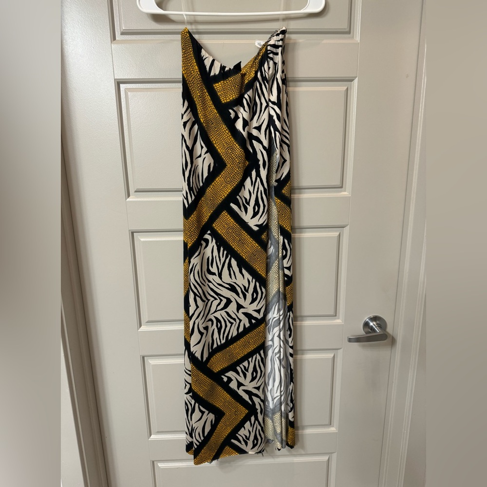 Long, printed swim coverup with high slit.